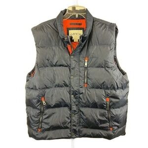 Orvis Down Puffer Vest Men's Size XL Dark Gray Orange Lined Full Zip Sleeveless